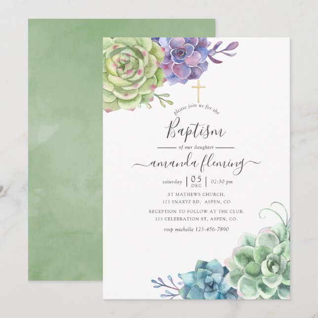 Watercolor Cactus Succulents Baptism Invitation (Front/Back)
