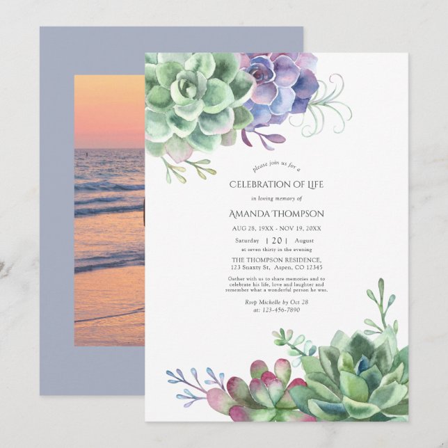 Watercolor Cactus Succulents Celebration of Life Invitation (Front/Back)