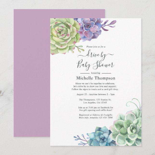 Watercolor Cactus Succulents Drive By Shower Invitation (Front/Back)