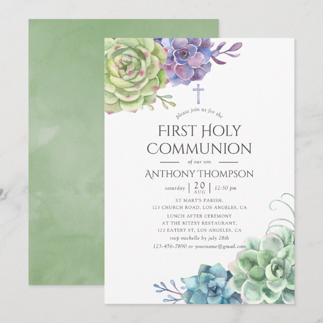 Watercolor Cactus Succulents First Holy Communion Invitation (Front/Back)