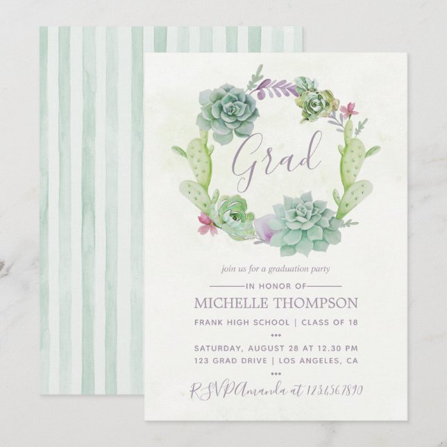 Watercolor Cactus Succulents Graduation Party Invitation (Front/Back)
