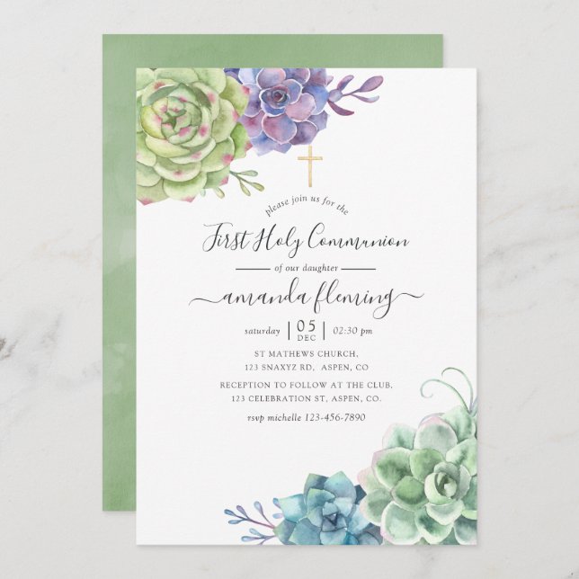 Watercolor Cactus Succulents Holy Communion Invitation (Front/Back)