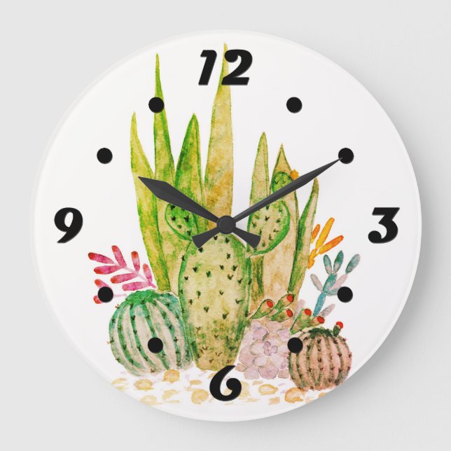 Watercolor , cactus , succulents large clock (Front)