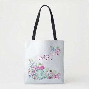 Watercolor Cactus & Succulents Monogram Tote Bag