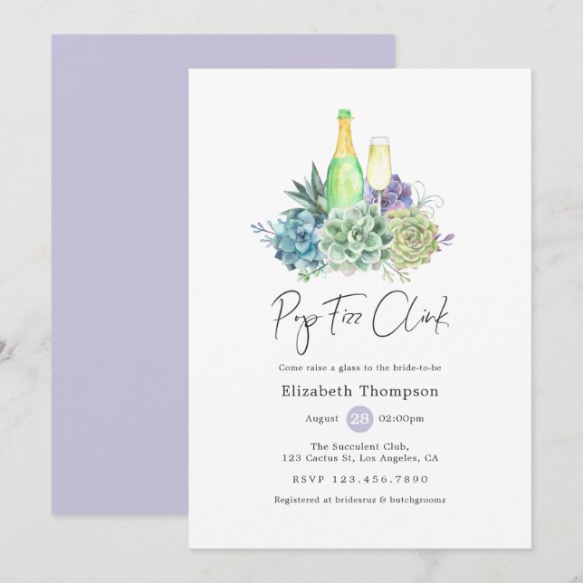 Watercolor Cactus Succulents Pop Fizz Clink Invitation (Front/Back)