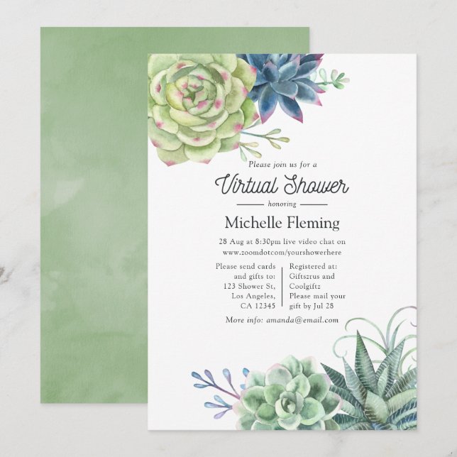 Watercolor Cactus Succulents Virtual Baby Shower Invitation (Front/Back)