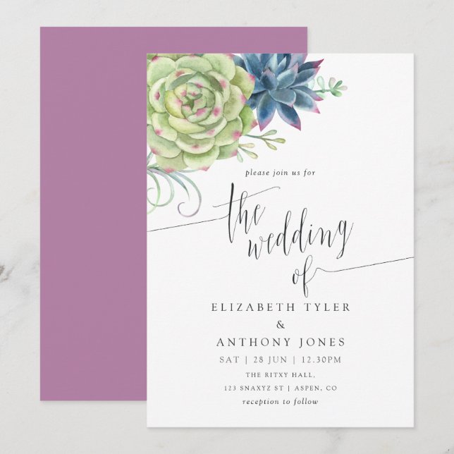 Watercolor Cactus Succulents Wedding Invitation (Front/Back)