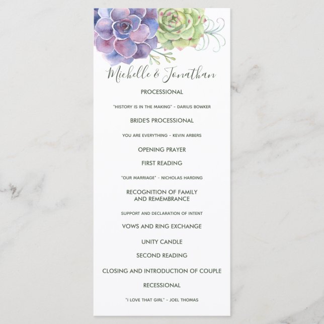 Watercolor Cactus Succulents Wedding Program Programme (Front)