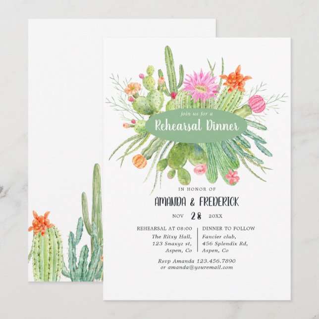 Watercolor Cactus Wedding Rehearsal Dinner Invitation (Front/Back)