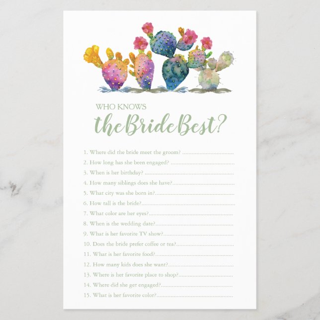 Watercolor Cactus Who Knows The Bride Best Game Flyer (Front)