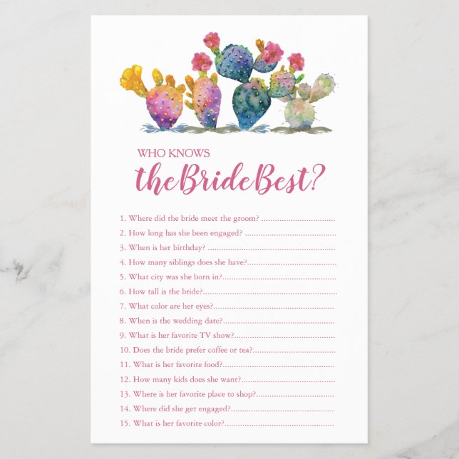 Watercolor Cactus Who Knows The Bride Best Game Flyer (Front)