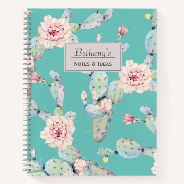 Watercolor Cactus with Flowers Modern Personalised Notebook (Front)