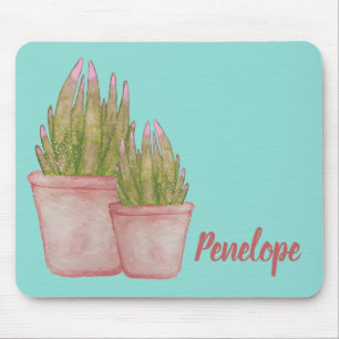 Watercolor Cactus with Your Name Pink and Aqua  Mouse Mat