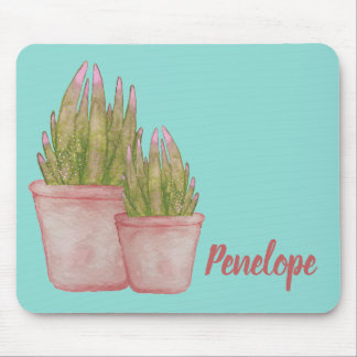 Watercolor Cactus with Your Name Pink and Aqua  Mouse Mat