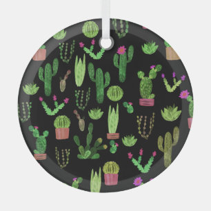 Watercolor Cactuses Plant Seamless Background Glass Tree Decoration