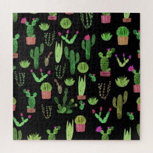 Watercolor Cactuses Plant Seamless Background Jigsaw Puzzle