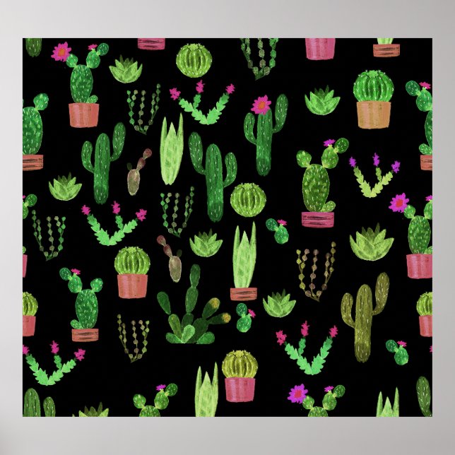 Watercolor Cactuses Plant Seamless Background Poster (Front)