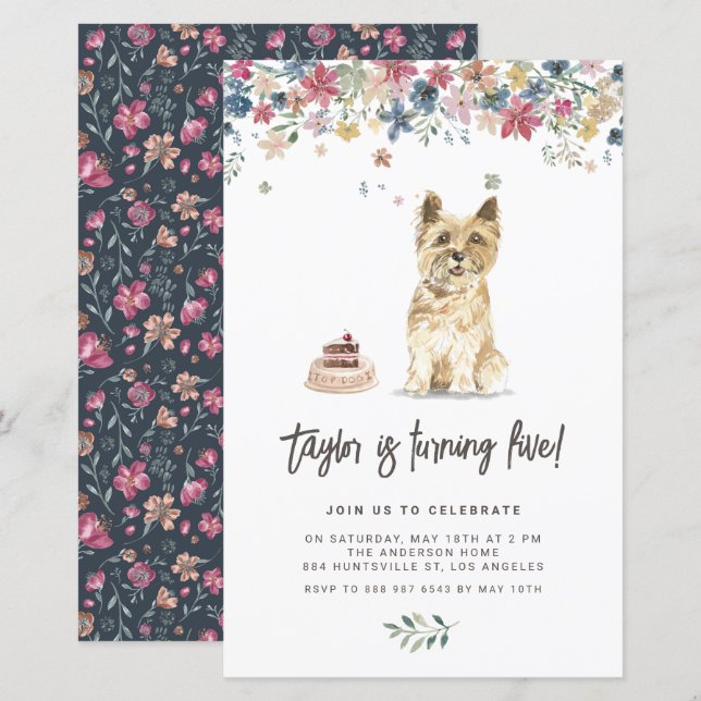 Watercolor Cairn Terrier Dog Birthday Invitation (Front/Back)