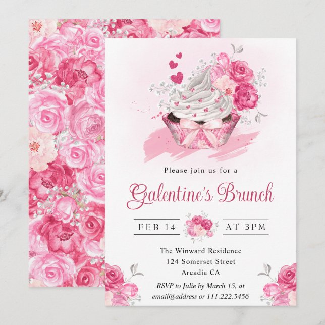 Watercolor Cake and Flowers Galentine's Brunch Invitation (Front/Back)