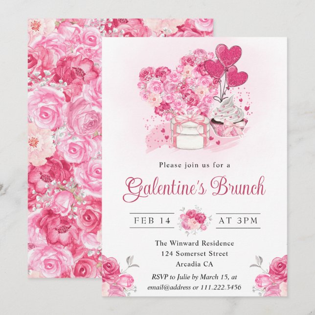 Watercolor Cake and Gifts Galentine's Brunch Invitation (Front/Back)