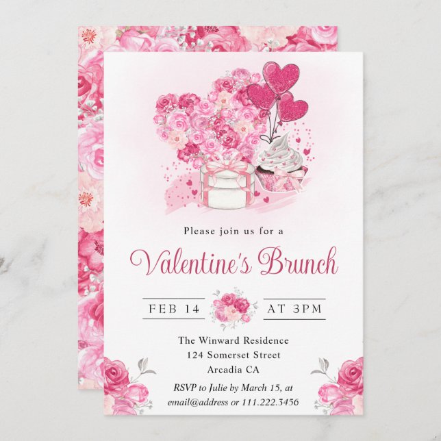 Watercolor Cake and Gifts Valentine's Brunch Invitation (Front/Back)