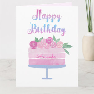 Watercolor Cake and Pink Roses Birthday Card