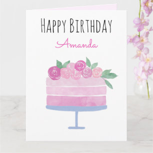 Watercolor Cake and Pink Roses Birthday Card