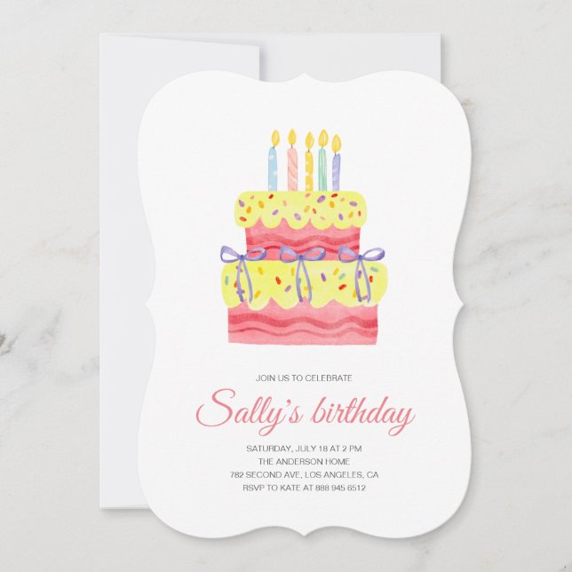 Watercolor Cake First Birthday Invitation (Front)