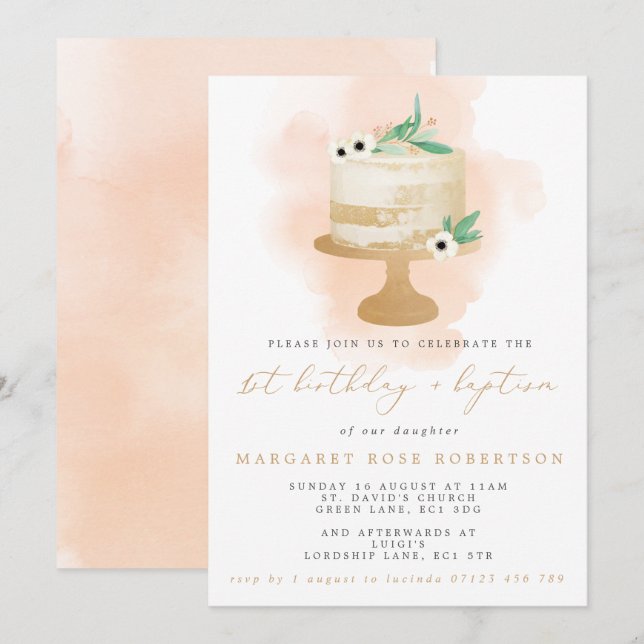 Watercolor Cake Girl's 1st Birthday & Baptism Invitation (Front/Back)