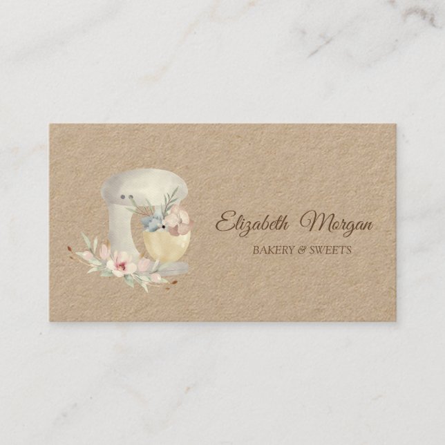 Watercolor Cake Mixer Flowers Bakery Business Card (Front)