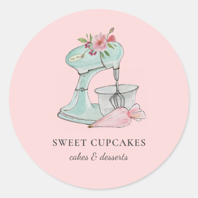 Watercolor Cake mixer & piping bag Bakery  Classic Round Sticker (Front)