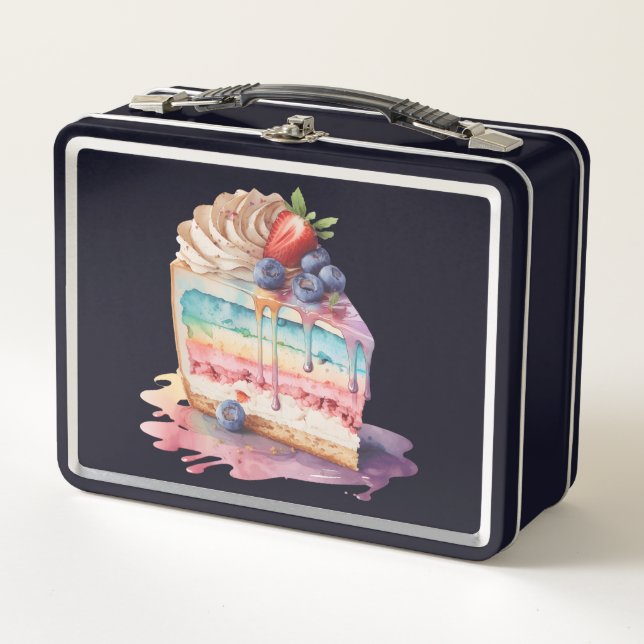 Watercolor Cake Slice Delight: Metal Lunch Box (Front)