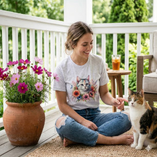 Watercolor Calico Cat & Cosmo Flowers Garden Gif T-Shirt