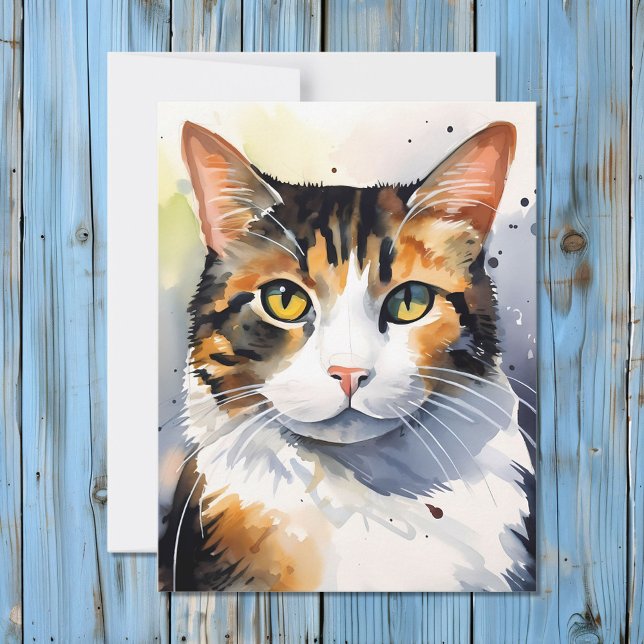 Watercolor Calico Cat Portrait Holiday Card (Creator Uploaded)
