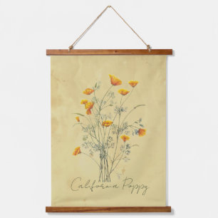 Watercolor California Poppy Flower Floral Art Hang Hanging Tapestry