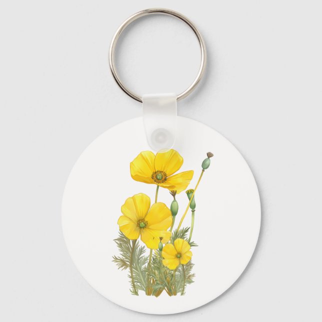 Watercolor California Poppy Yellow  Flower Key Ring (Front)