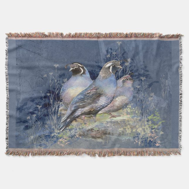 Watercolor California Quail Bird Nature Art Throw Blanket (Front)