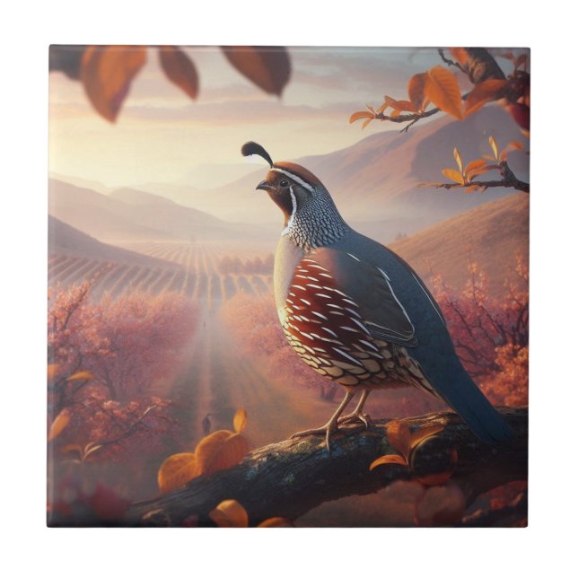 Watercolor California Quail Bird Nature Art Tile (Front)