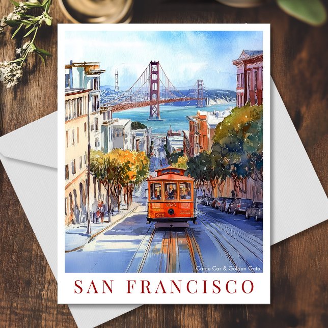 Watercolor California San Francisco Golden Gate Holiday Postcard (Watercolor San Francisco Cable Car and Golden Gate Holiday Postcard)