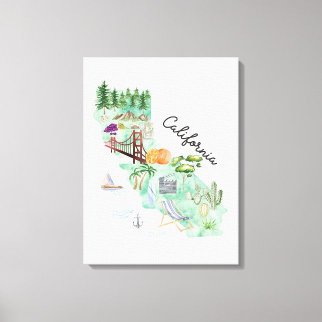 Watercolor California State Art Map Canvas Print (Front)