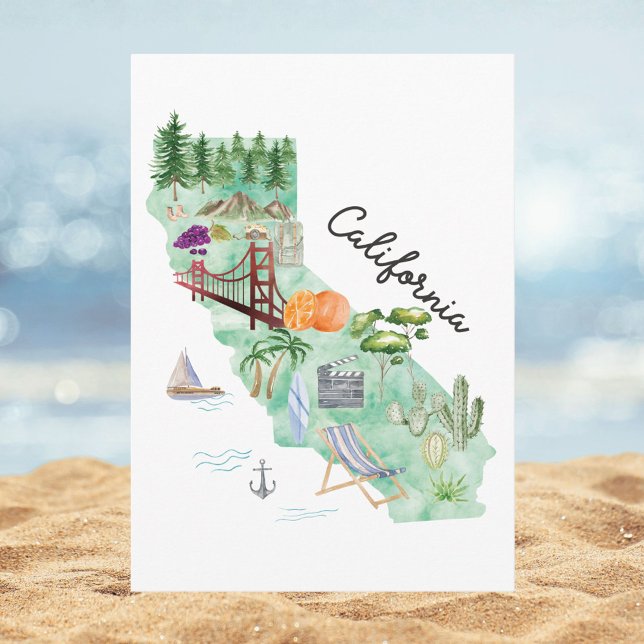 Watercolor California State Art Map Flat Greeting Card (In situ)