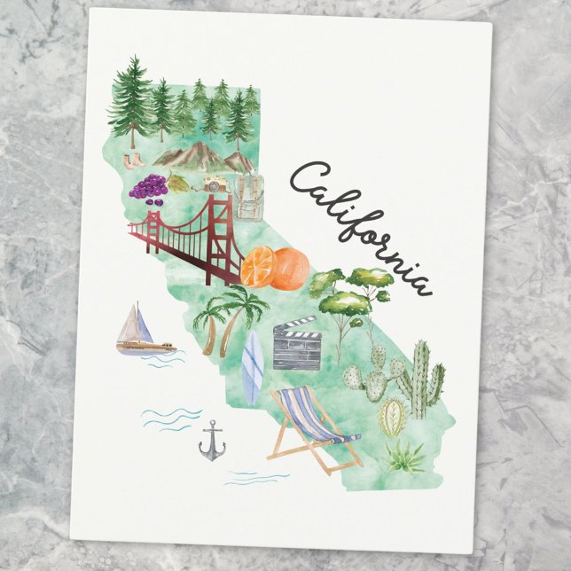 Watercolor California State Art Map Postcard (Close up)