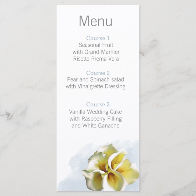watercolor calla lilies Floral Wedding menu (Front)