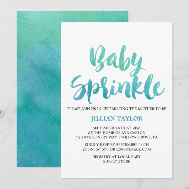 Watercolor Calligraphy Baby Sprinkle Invitation (Front/Back)