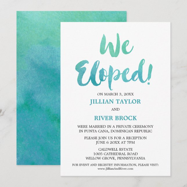 Watercolor Calligraphy Beach Elopement Reception Invitation (Front/Back)
