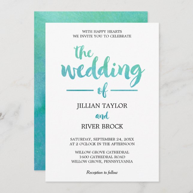 Watercolor Calligraphy Destination Beach Wedding Invitation (Front/Back)