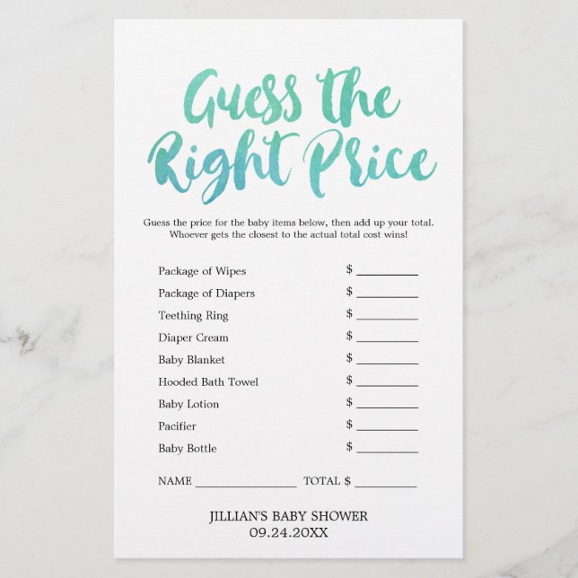 Watercolor Calligraphy Guess the Right Price Game (Front)