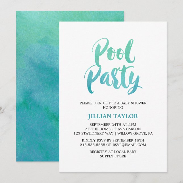Watercolor Calligraphy Pool Party Invitation (Front/Back)