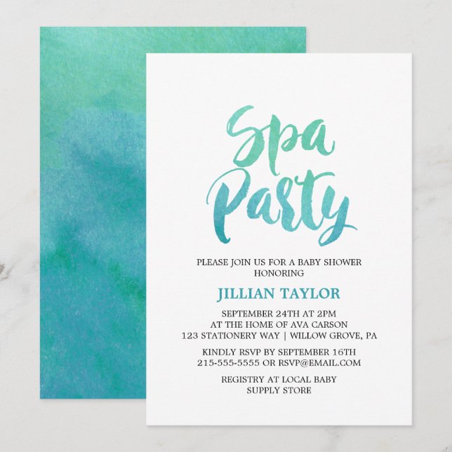 Watercolor Calligraphy Spa Party Invitation (Front/Back)