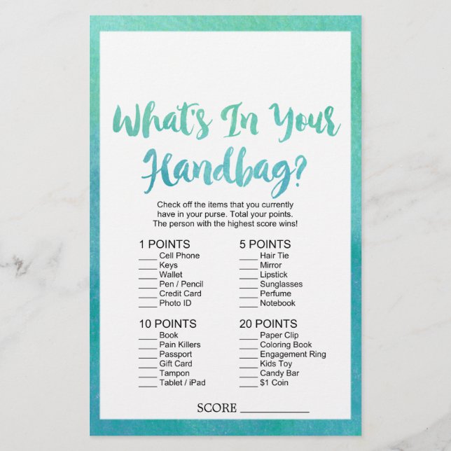 Watercolor Calligraphy What's In Your Handbag Game Flyer (Back)